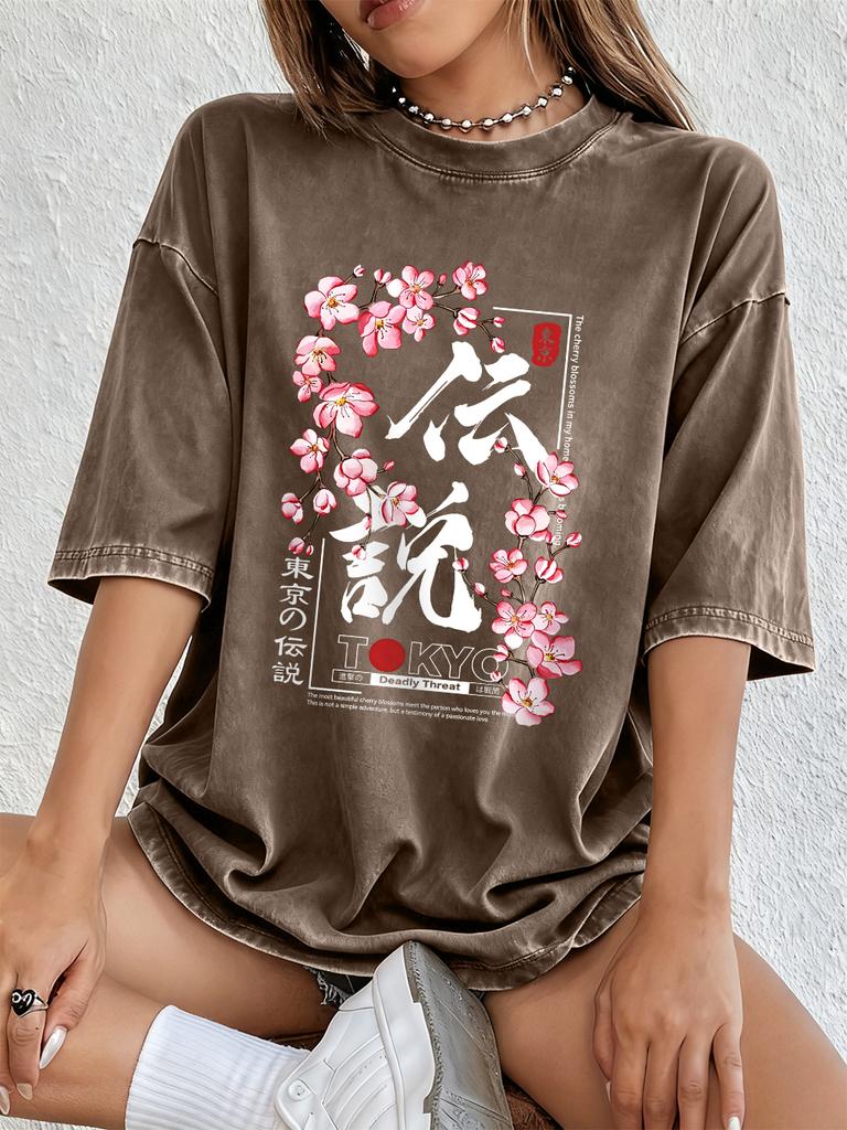 Tokyo Legend Cherry Branch Prints Washed TShirts Womens Cotton Oversized Tops ONeck Short Sleeve T Shirt Summer Women Clothes