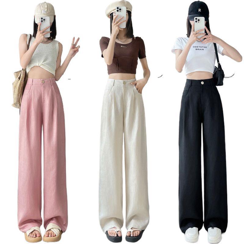 Ice Silk Cotton Linen High-Waisted Wide-Leg Pants for Women – Summer 2026 Drapey, Straight-Leg Casual Suit Style