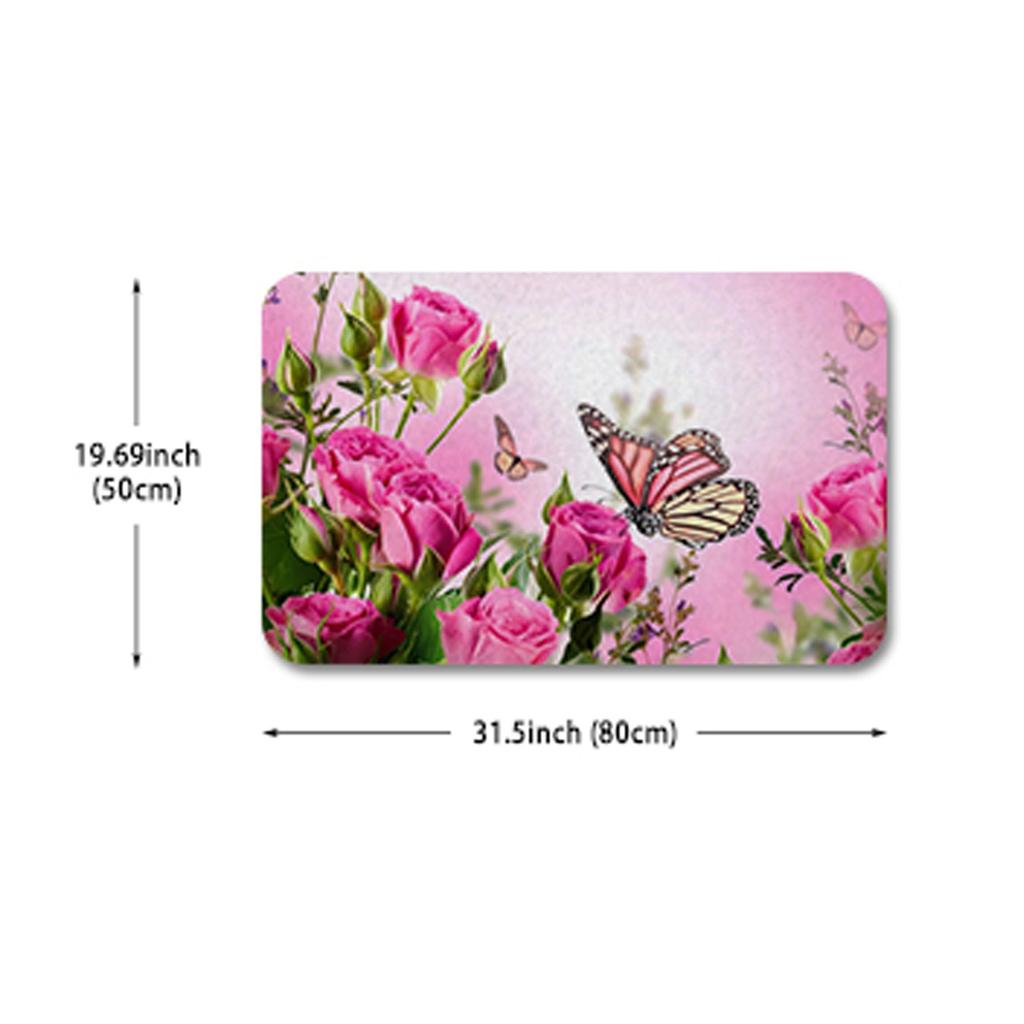 1Pcs Butterfly Flying On The Pink Rose Kitchen Rug Anti-Fatigue Kitchen Rug Waterproof Non-Slip Rugs Set Runner Rug Bedside Rug Absorbent Carpet
