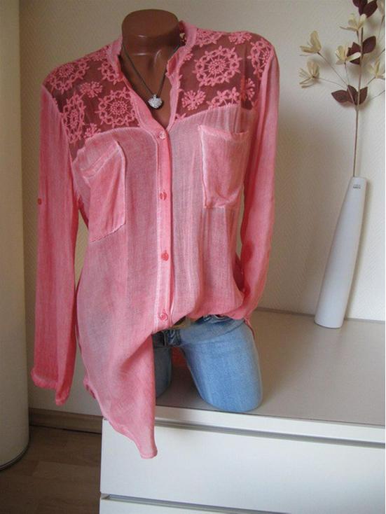 2018 Podzimní halenka s dlouhým rukávem a krajkovou ozdobou, se stojáčkem a klopami a kapsou