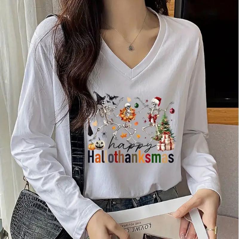 Christmas Skeleton Bones Print Women Tshirts Ladies Tops Long Sleeve V-neck Pullover Femme T-shirts T Shirt For Women