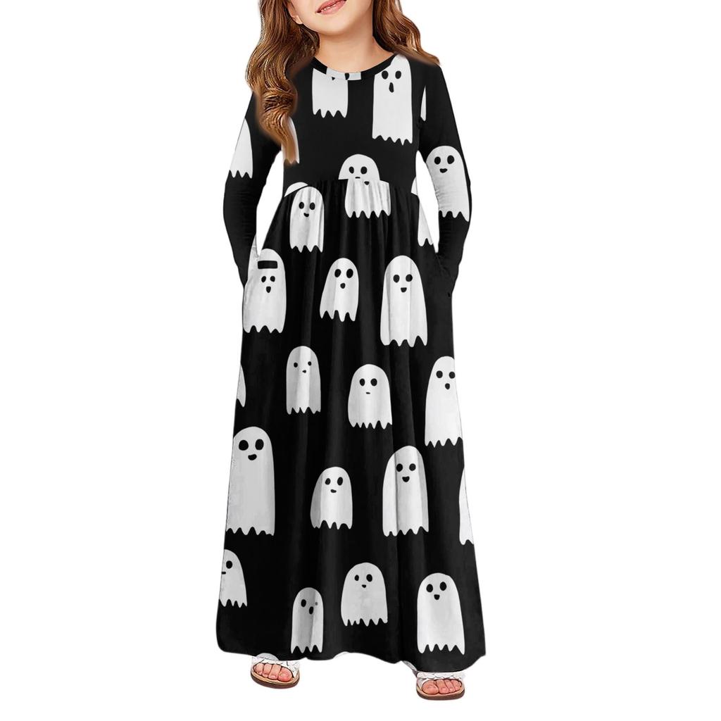 Mädchen Maxi Kleid Halloween Tag- Langarm Taschenkleid