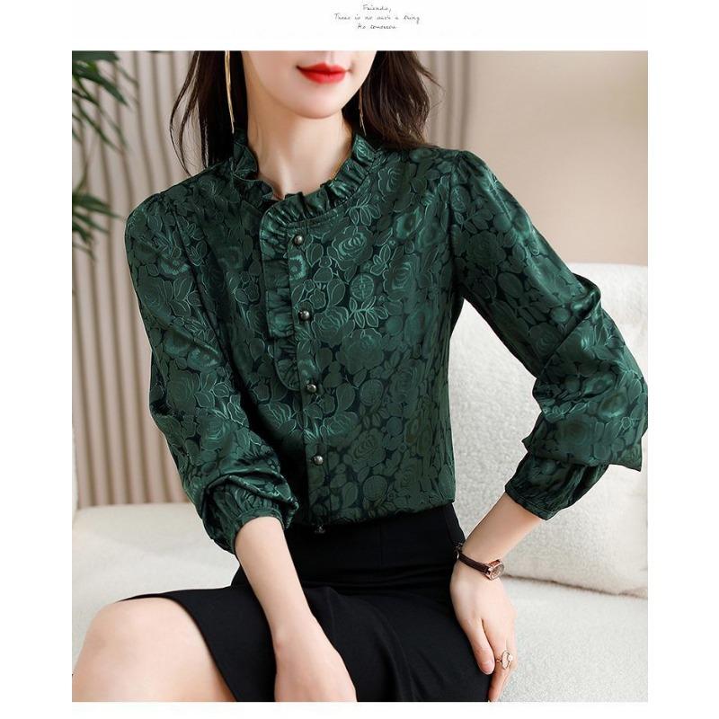 Western Style Jacquard Flowing Satin Shirt Women's Autumn New Lotus Leaf Collar Versatile Long-sleeved Top