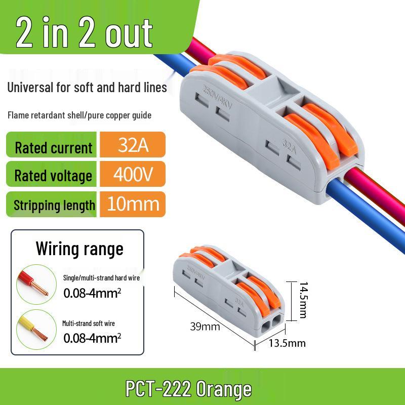 Quick Terminal PCT-222 Lighting Fixture Push-in Connector for Soft & Hard Wire, Two-in Two-out