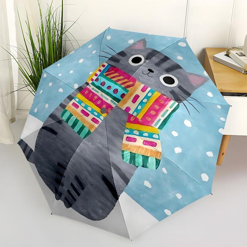 1pc Winter Cat Automatic Open/Close Umbrella with One-Touch Button, Compact Folding Canopy, Sturdy 8-Rib Windproof Design S28