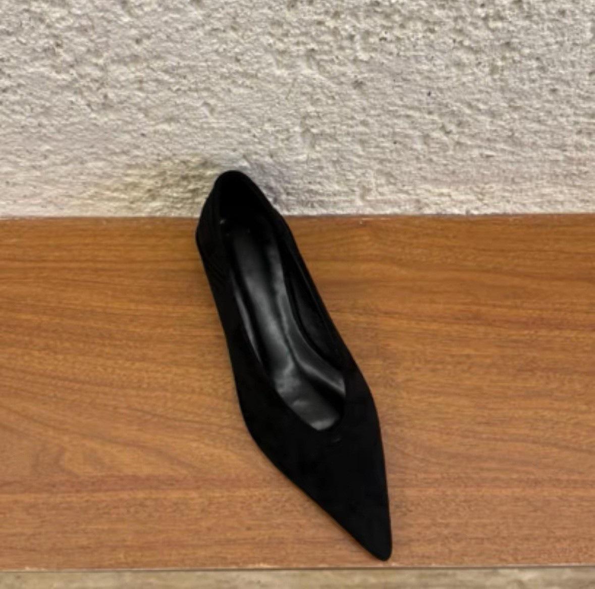 French retro pointed suede single shoes women s versatile one-pedal shallow commuter work shoes 35 чёрный