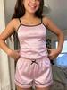 Girls Pink & White Striped Bow Sweet Fashion Minimalist Pattern Print Faux Silk Camisole Top And Shorts Comfortable 2-Piece Loungewear Set