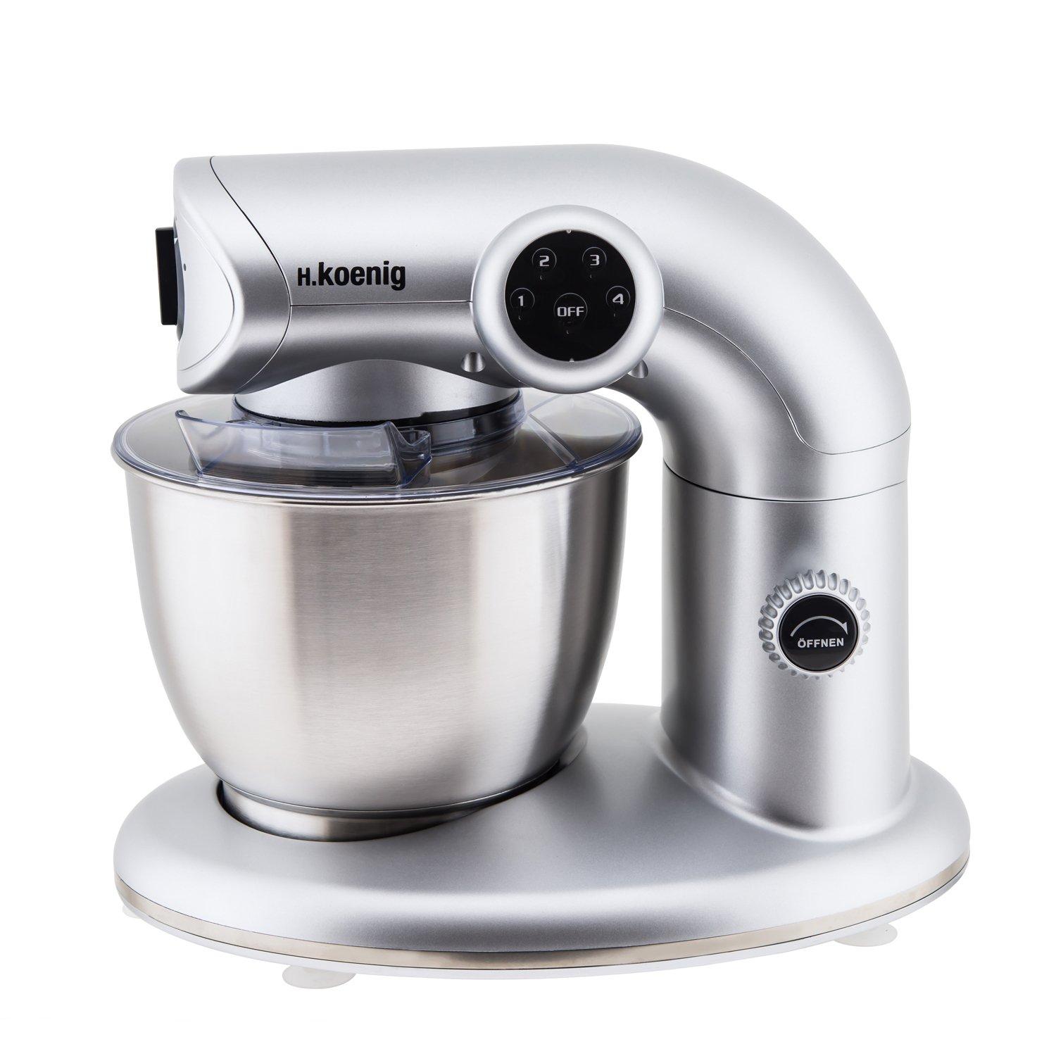 H.Koenig KM80 Mélangeur Mixeur Professionnel, 1000 W, Capacité 5,5 L, 4 Vitesses, Bras avec Tête Inclinable et Mobile, Acier Inoxydable, 80 dB, Gris