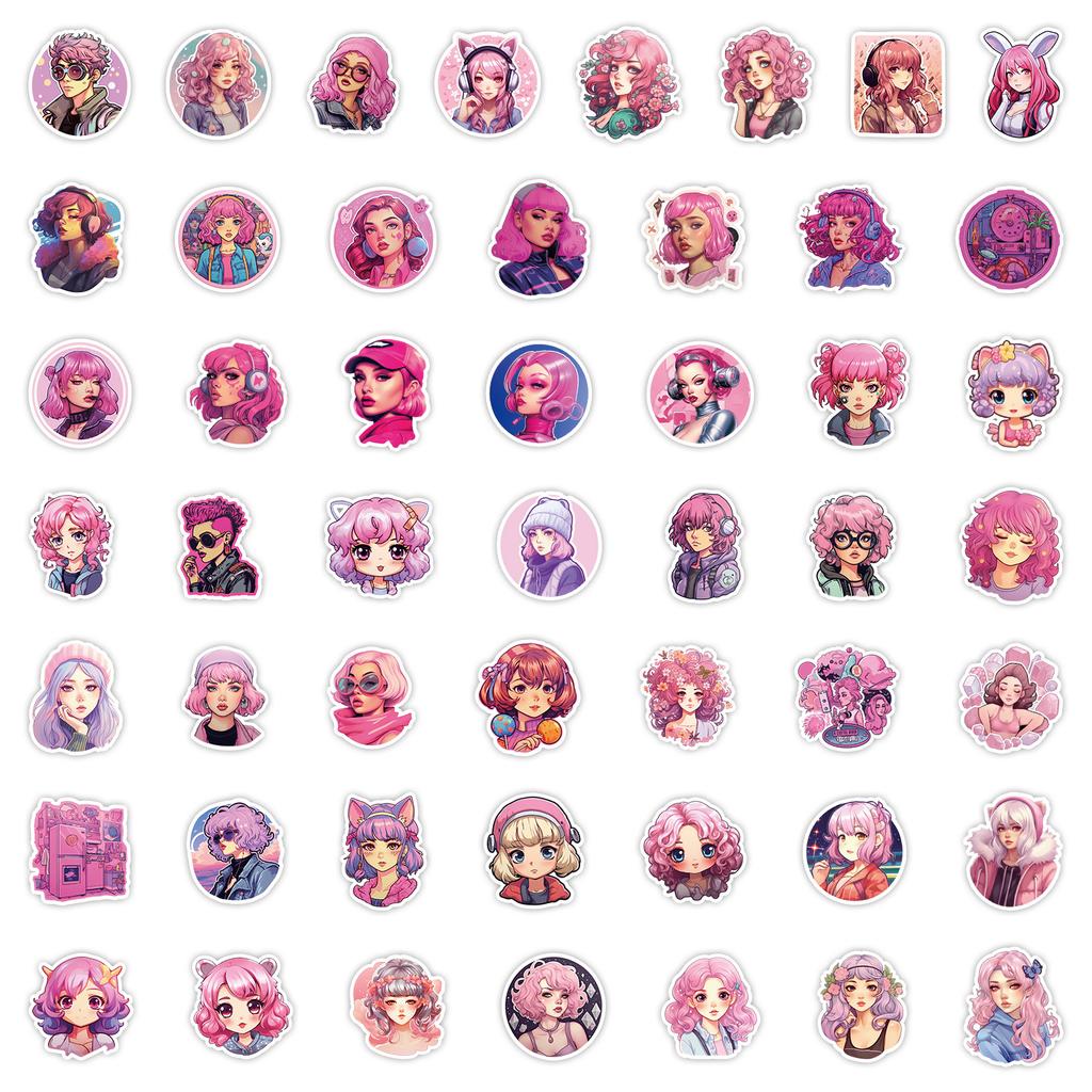 50 Pink INS Style Girl Graffiti Stickers Skateboard Luggage Decorative Stickers Waterproof Creative Children's Stickers