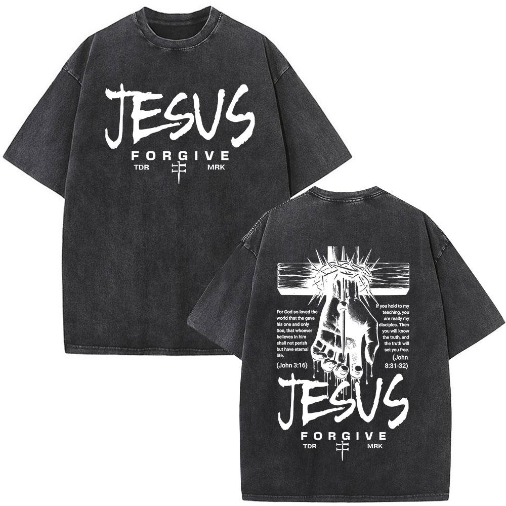 Christian Religious Jesus Forgive Them Father Bible Verse Vintage Acid Washed Tshirt Men Fashion Oversized T Shirts Streetwear