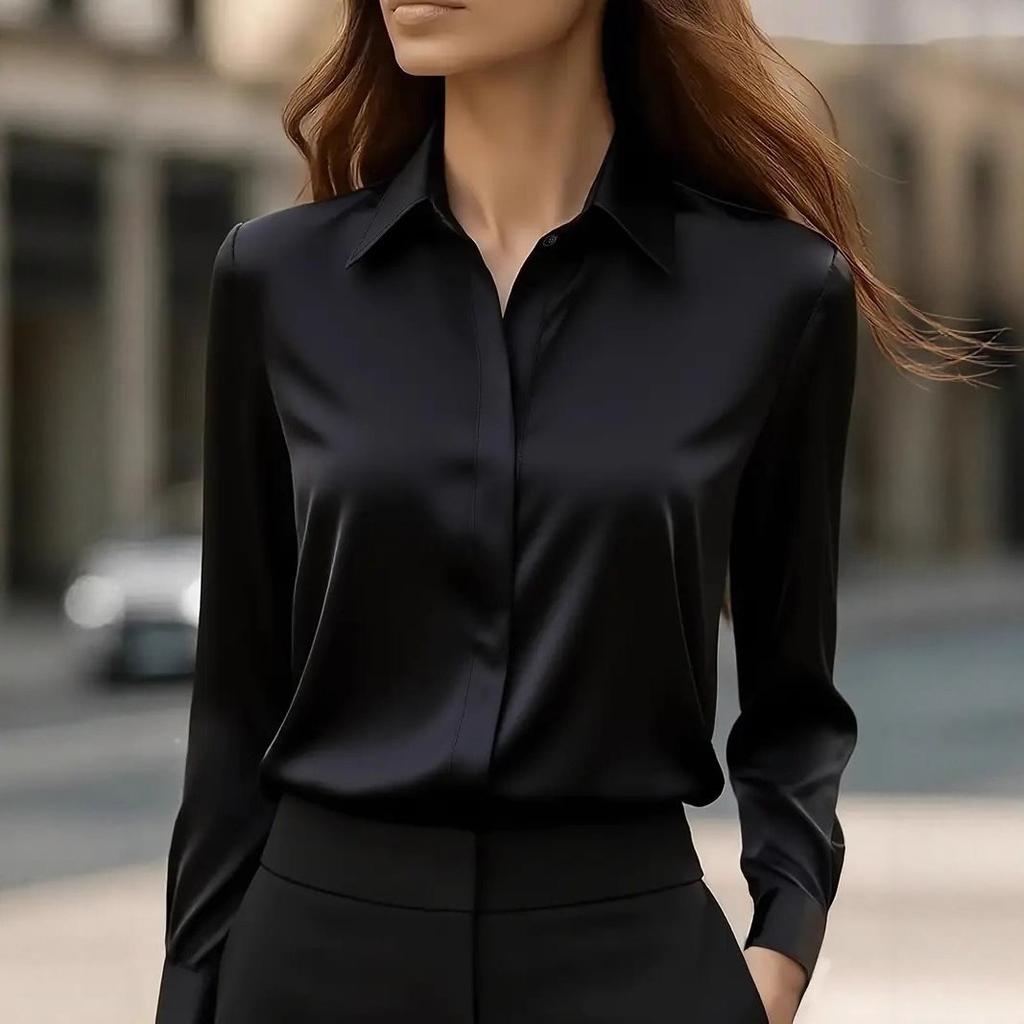 Damen-Hemd mit Umlegekragen, langen Ärmeln, aus Satin, Regular Fit, für den Weg zur Arbeit