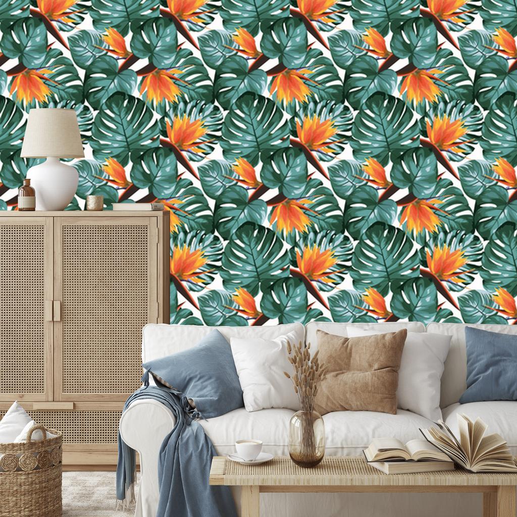 Tropical Leaves and Flowers Wallpaper for Living Room and Bedroom 50x1000