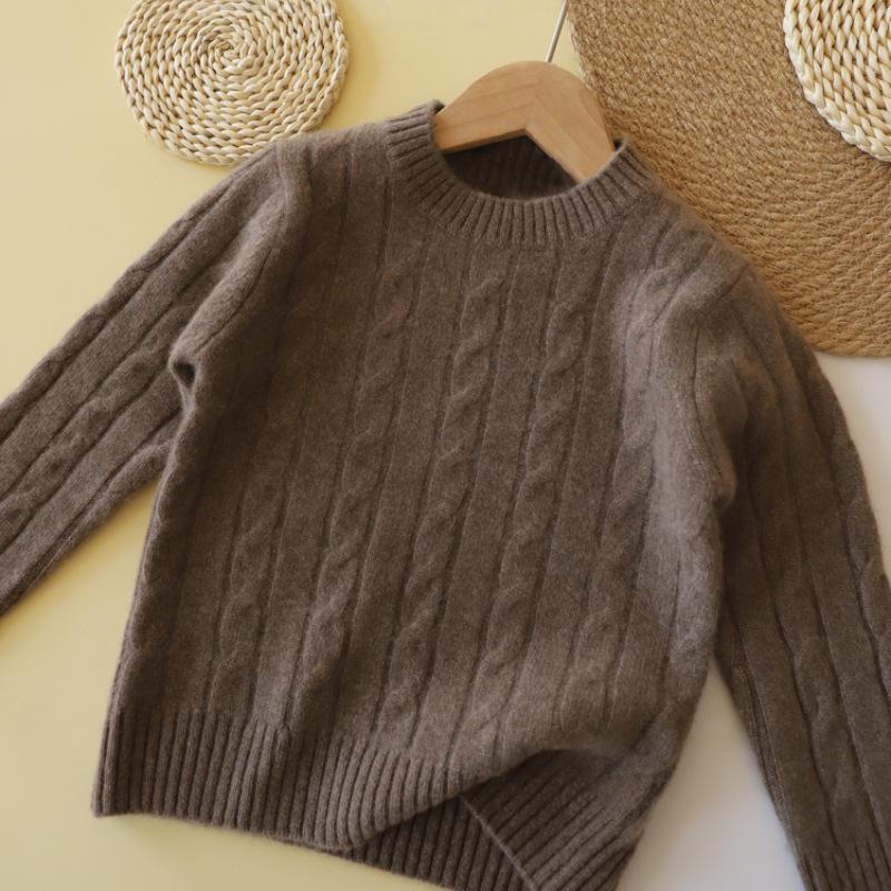 Unisex Children's Wool Sweater, Autumn/Winter 2025 - Solid Color Cable Knit Pullover with Round Neck