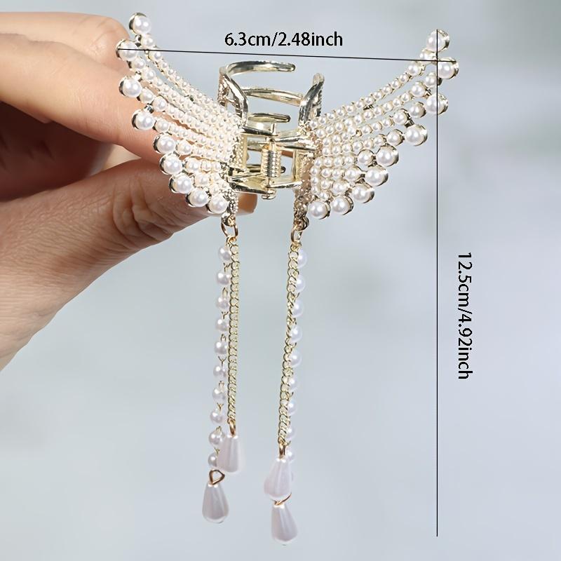 Diamond Studded Angel Wing Tassel Hair Clip with Pearl Flower And Butterfly Design, a Chic Shark Clip for Elestyles, a Sweet And Air Accessory That I