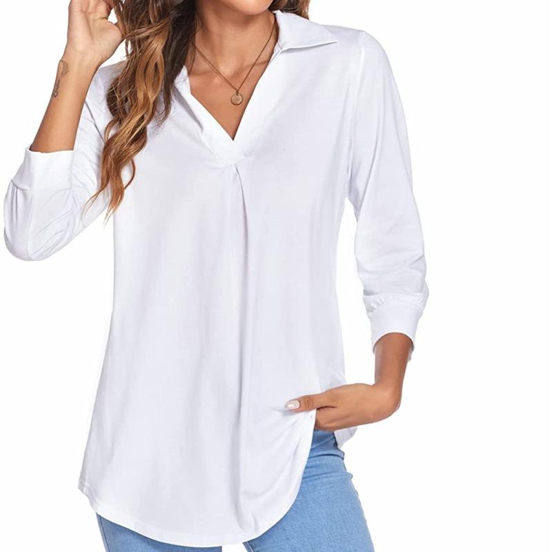 2025 Spring Autumn Women's Chiffon Blouse, Notched Lapel V-Neck Three-Quarter Sleeve Shirt, Loose Fit Solid Color Office Casual Top For Workwear