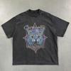 Streetwear Cat Graphic T-Shirt Cotton Washed Black Tshirt Unisex Tops Tees Summer Short Sleeves T Shirt