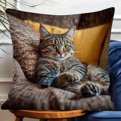 Contemporary Hypoallergenic Pillow Cover Adorable Fat Cat & Remote Zipper Closure Cushion Cover Bedroom & Living Room Decor