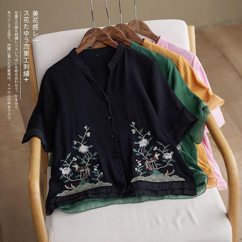 Summer New Cotton and Linen Shirt Short-sleeved Retro Embroidered V-neck Loose and Thin Top Women's Clothing
