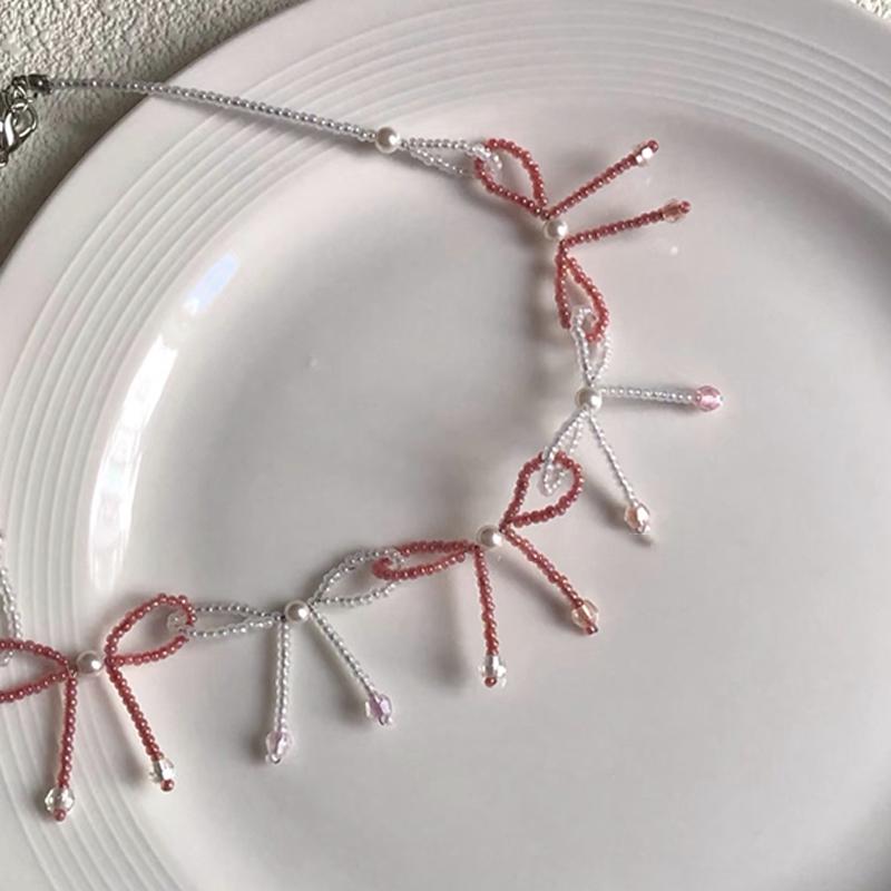 

Handmade Thin Chain Beaded Bow Knot Pendant Necklaces For Women Summer Jewelry Party Gift