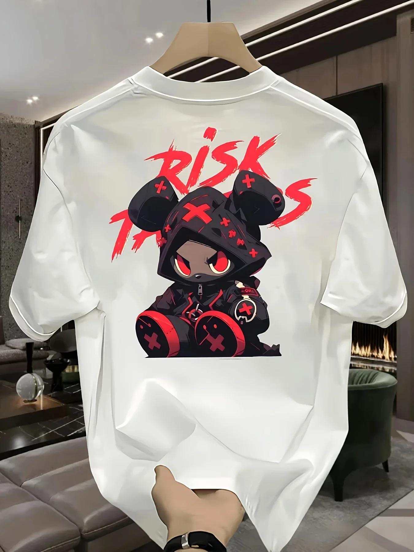 

Men s summer 100% cotton T-shirt, fashionable mask, bear print, loose and breathable, street fashion short-sleeved S