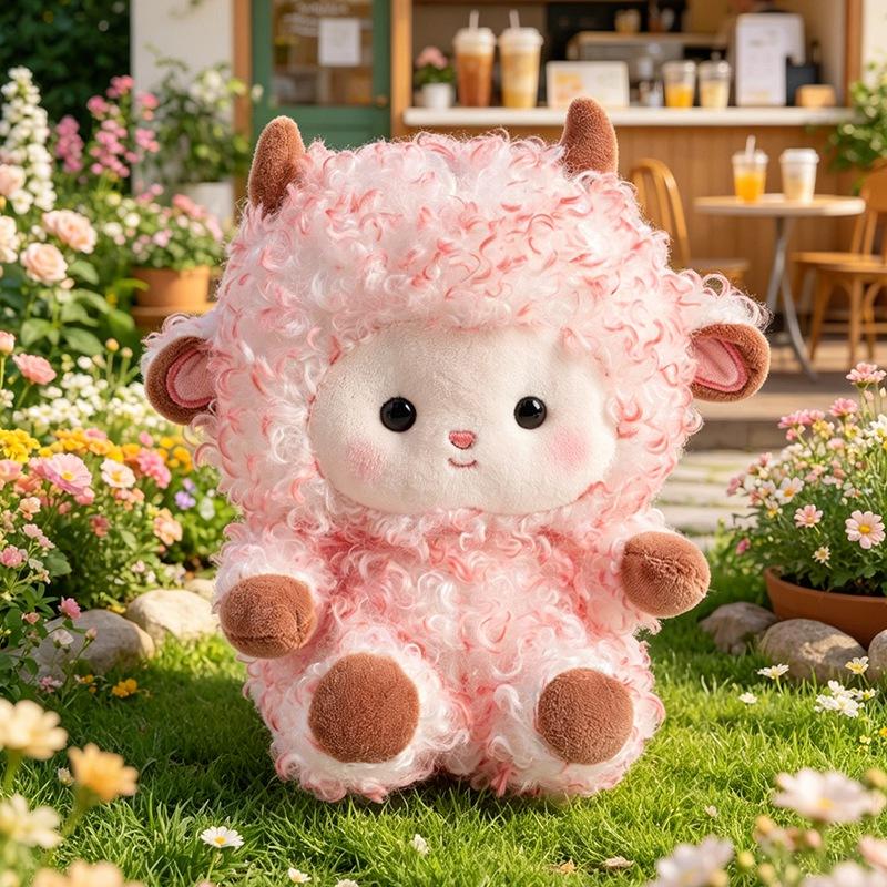 Jouets en Peluche Mouton Bouclé Romantique Mignon Sourire Assis Poupée Mouton Bébé Doux Moelleux Animal de dessin animé Poupée Cadeau pour Filles 20cm