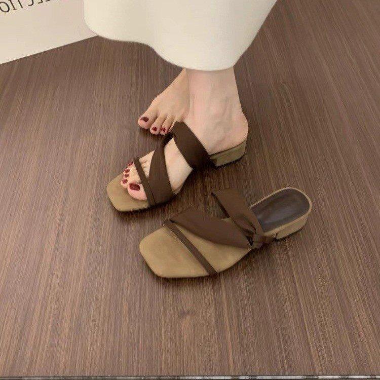 

Wrap-around sandals square head French fairy design super fire red stiletto high heel slippers open toe 2025 French 39 коричневый