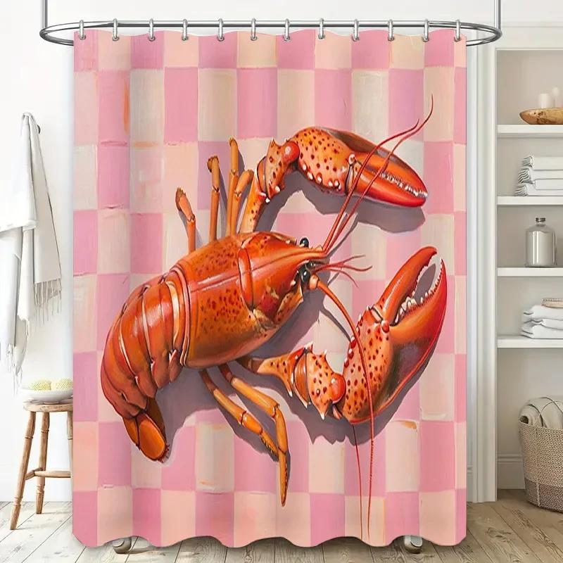

Printed Bath Curtains Pink Checkered Lobster Shower Curtain for Bathroom Decoration Waterproof Fabric Shower Panels Set with W90XH180cm
