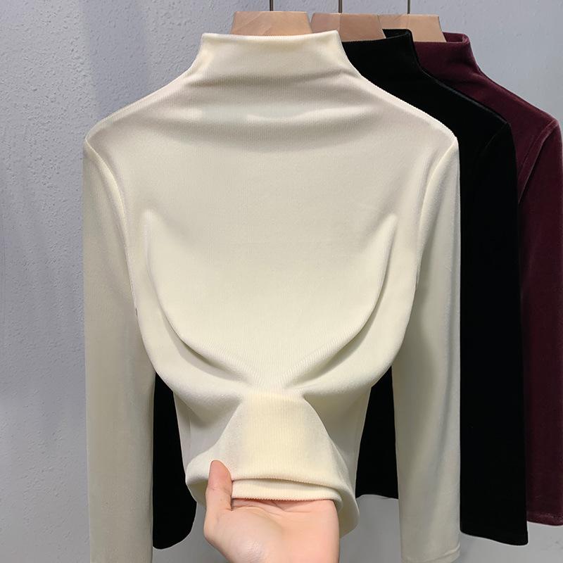 

Semi-turtleneck golden velvet top women s noble and foreign interior 2025 autumn and winter new women s high-end bottoming shirt 3XL