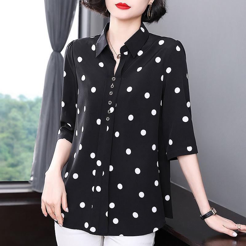 Women's Spring Autumn Thin Section Four Season Collection Plus Size Polka Dot Shirt Lapel Button Section Medium Sleeved Sunscreen Blouse