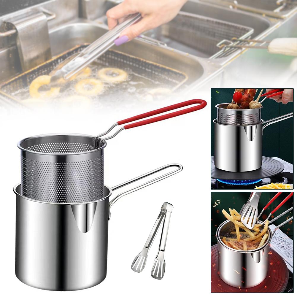 Stainless Steel Deep Fryer Pot with Strainer Mini Multifunction Frying Pot for Home Induction Cooker