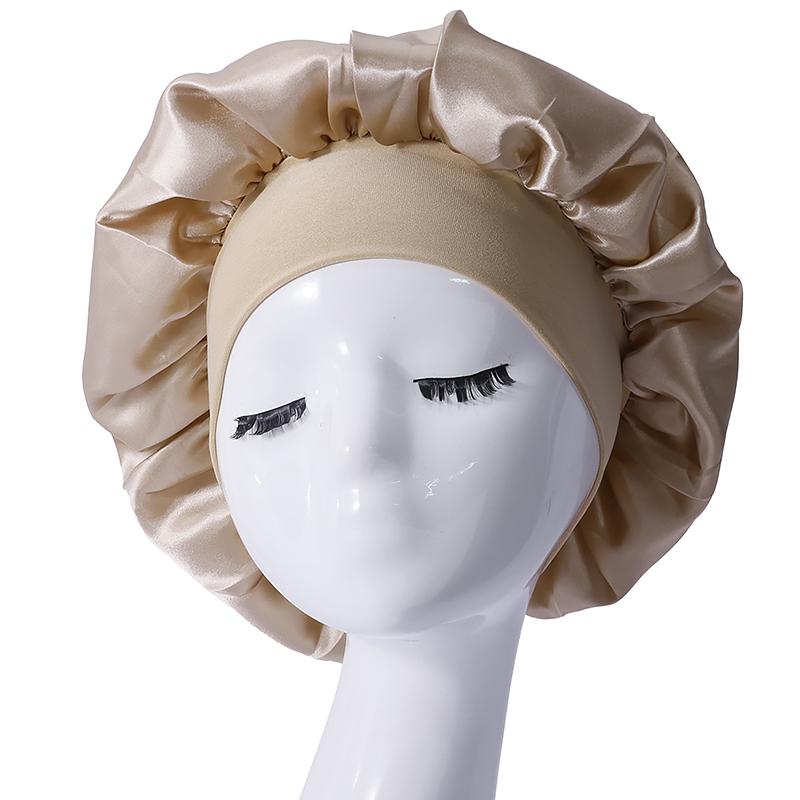 Women Satin Home Hair Shower Cap Comfortable Nightcap Casual Wide-brimmed Sleeping With Elasticated Floppy Band Cap Breathable