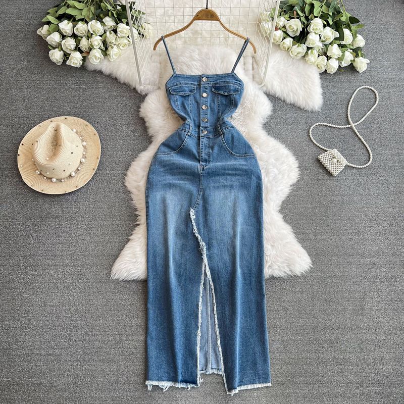 

Age-Reducing Summer Retro Slit Denim Suspender Midi Dress Blue M