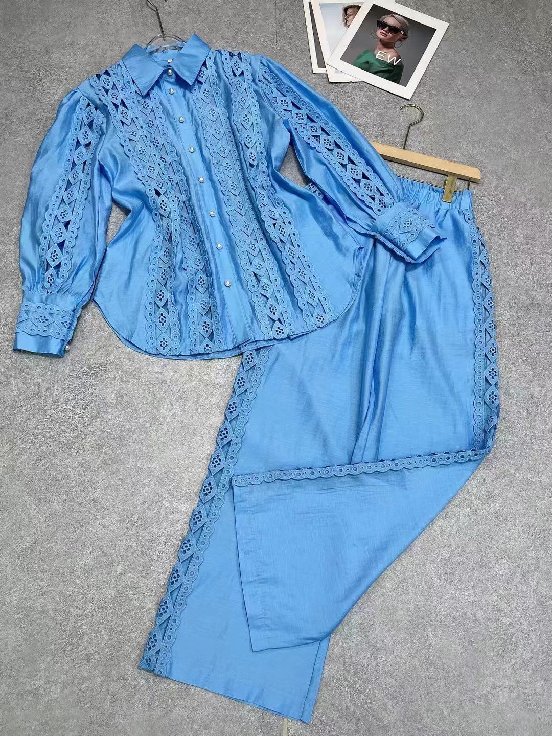 

European Lace Patchwork Cutout Mid-Sleeve Top & Elastic Pants Set - Spring/Summer Collection S синій