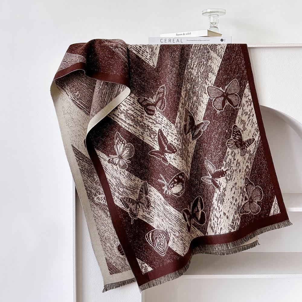 Luxury Butterfly Print Faux Cashmere Scarf: Warm, Stylish Color-Block Shawl for Women, Perfect Winter Neck Warmer