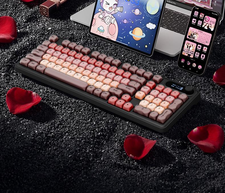 BOW Hangshi Multi-Mode Backlit Bluetooth Keyboard with Lipstick Foundation Design for Women, Mechanical Feel, and Wireless/Wired Options