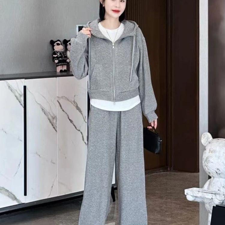 Conjunto de Ropa Deportiva para Mujer con Forro Polar: Sudadera con capucha y pantalones de pernera ancha para otoño/invierno casual y para correr.