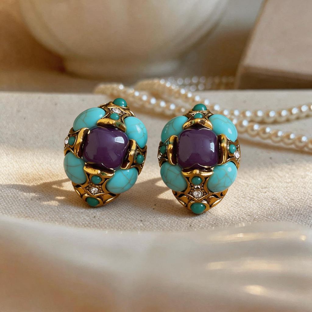 Retro Turquoise Purple Zircon Flower Stud Earrings for Women No Piercing Imitation Gem Filigree Oval Ear Clip Ethnic Jewelry