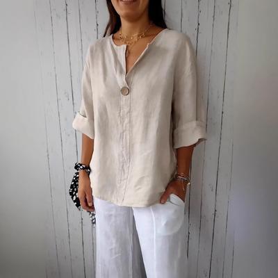 Sommer Neues Lockeres T-Shirt Damen V-Ausschnitt Baumwolle und Leinen Knopf-Top