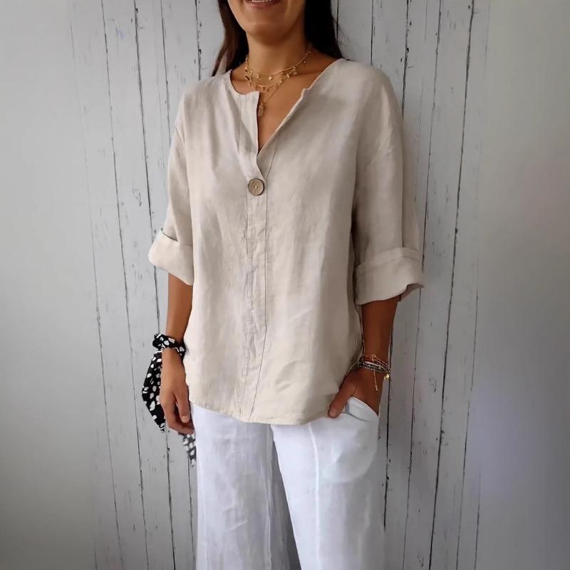 Summer New Loose T-shirt Women's V-neck Cotton and Linen Button Top