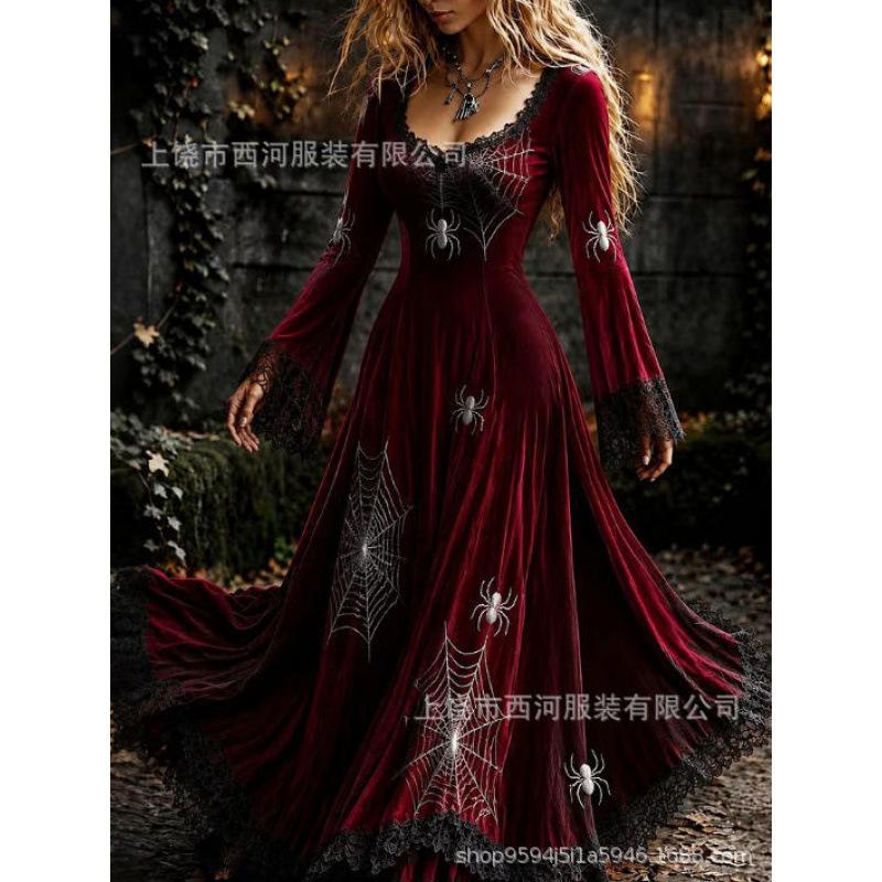 Abito da donna vintage gotico con teschio e rosa, motivo a gradiente, vestito lungo di Halloween con motivo a gradiente