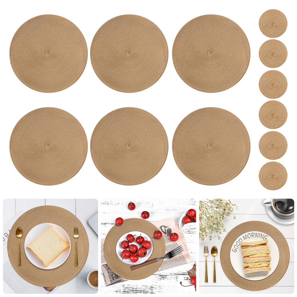 Sets 6 Woven Table Placemats and Coaster 34CM Round Cotton Dinner Table Mats Anti Slip Heat Resistant Easy Clean Place Mats
