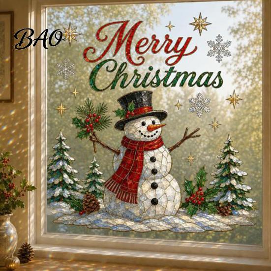 Shopping Mall Christmas Stickers 2Pcs Wall Stickers, Snowy Cottage Tree Self Adhesive Decals, Waterproof PVC Party Snow Scene Holiday Decals for Home