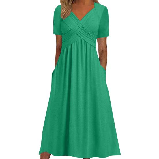 Robe d'été plissée à bretelles croisées pour femmes, col en V, manches courtes, poches de couleur pure, ligne a, ourlet ample, respirante, douce, pour les rencontres et les déplacements