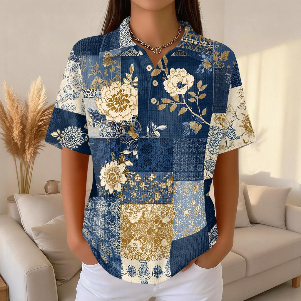 Women's Casual Short Sleeve Waffle Knit Polo Shirt Vintage Floral Print Button Down Collared Top Lightweight Breathable Fabric