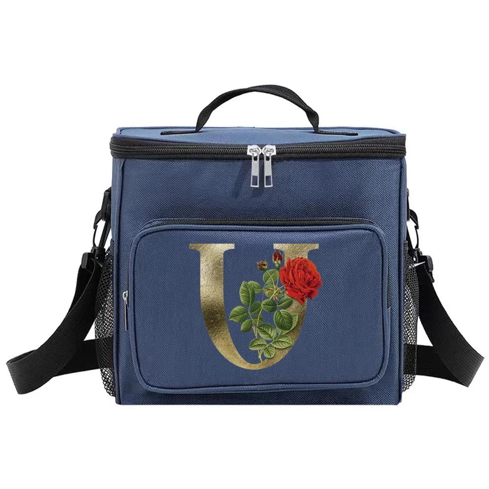 Lunch Bag Insulated Bags Cooler Box Thermal Organizer Handbag Shoulder Storage Lunchbag for Men and Women Golden Flower Printing