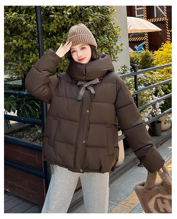 Women’s Short Hooded Windproof Thicken Warm Winter Puffer Jacket With Tie