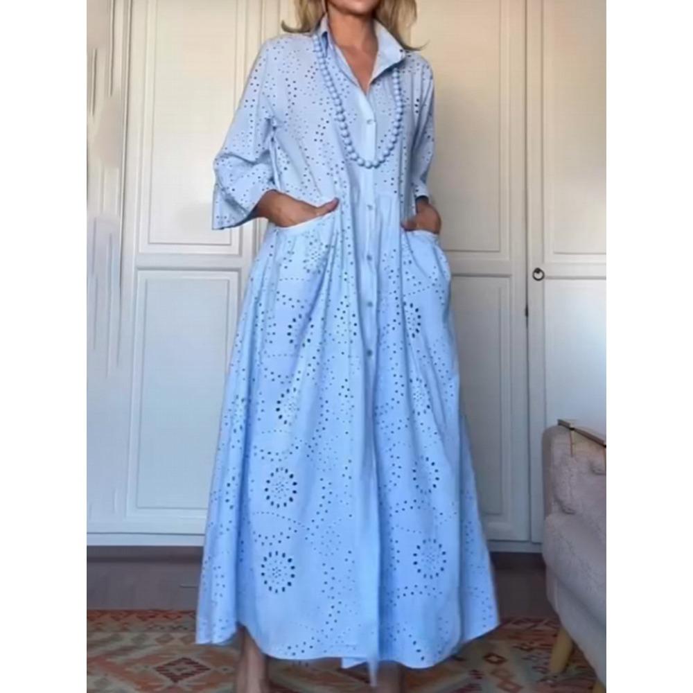 Spring and Autumn Solid-color Shirt Collar Loose Embroidered Cutout Large-sized Shirt Dress