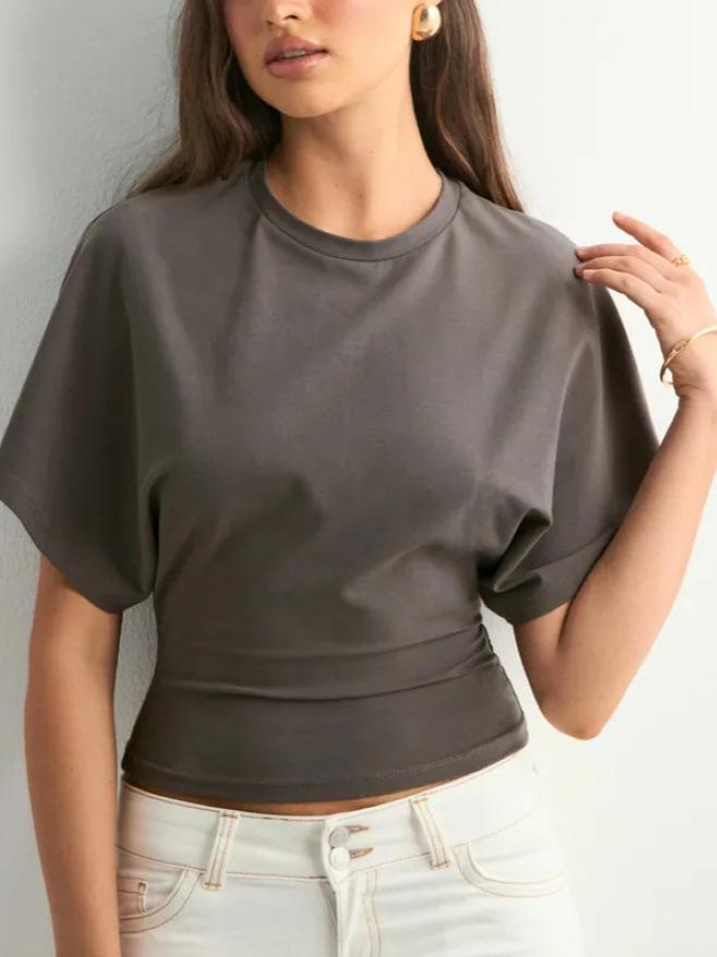 2025 European Batwing Sleeve Round Neck T-shirt – Women's Loose Summer Solid Color Top