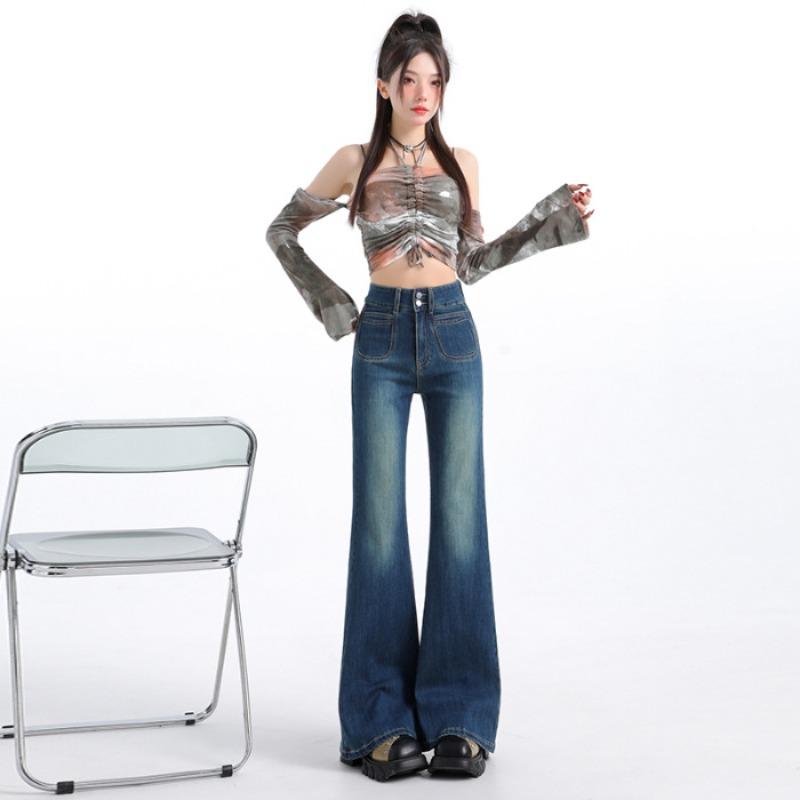 Autumn and winter new velvet slightly high-waisted jeans women's non-stick leg flared pants children