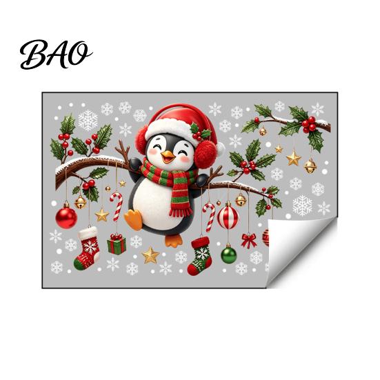 Winter Theme Window Ornaments Christmas Static Cling, Penguin Decal with Holly Baubles Snowflakes, Atmosphere Decor Festive for Home Living